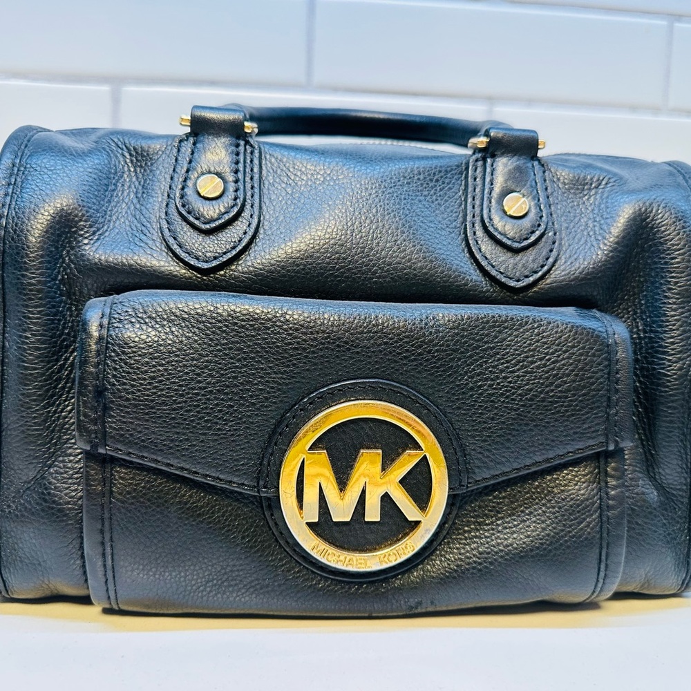Michael Kors Black Leather Duffel Bag with Gold Accents
